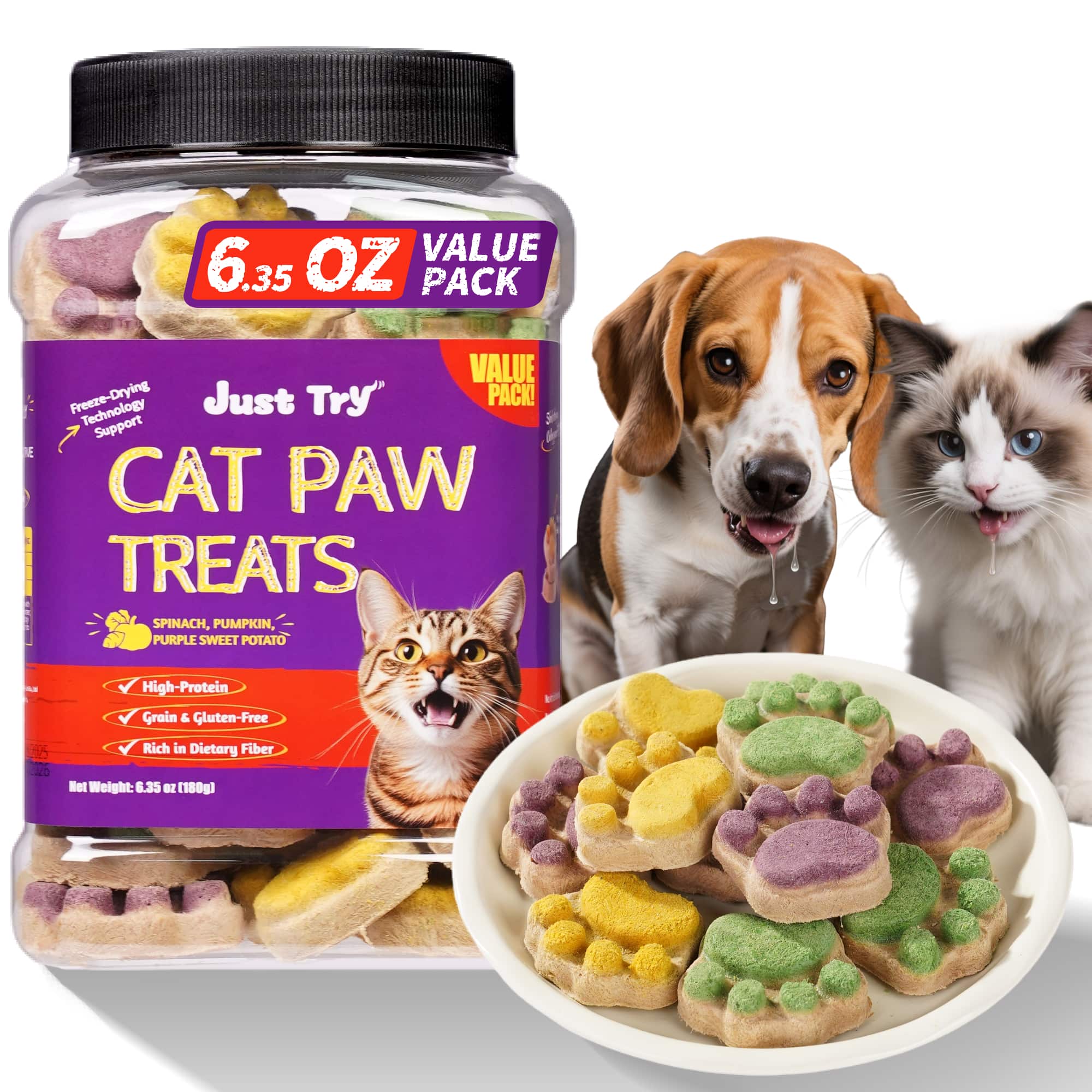 JUSTTRY Freeze-Dried Cat Paw Treats – Healthy Cat Treats with High-Protein Chicken & Pumpkin Spinach Purple Sweet Potato, Immunity & Gut Health, 6.35oz