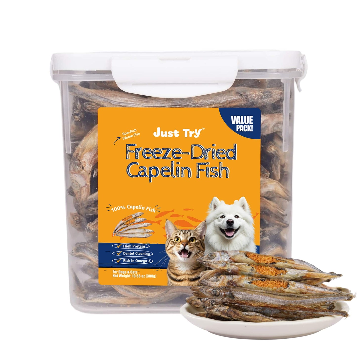 JUSTTRY Freeze-Dried Capelin Fish – Raw Dog Treats,Single-Ingredient Dog & Cat Snacks, High-Protein & Omega-3 for Skin Health, 10.58oz