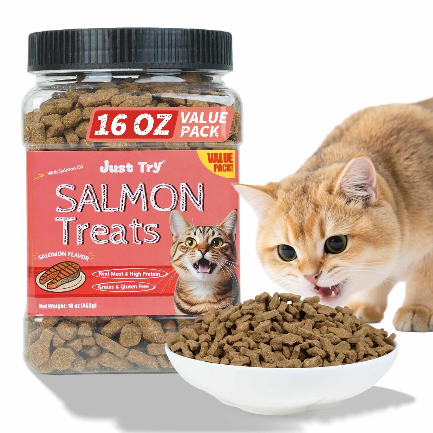 JUSTTRY Salmon Cat Treats – Crunchy Cat Snacks Omega-3 for Joint, Skin, Coat & Dental Health | Training Treats for Indoor Cats, 16oz