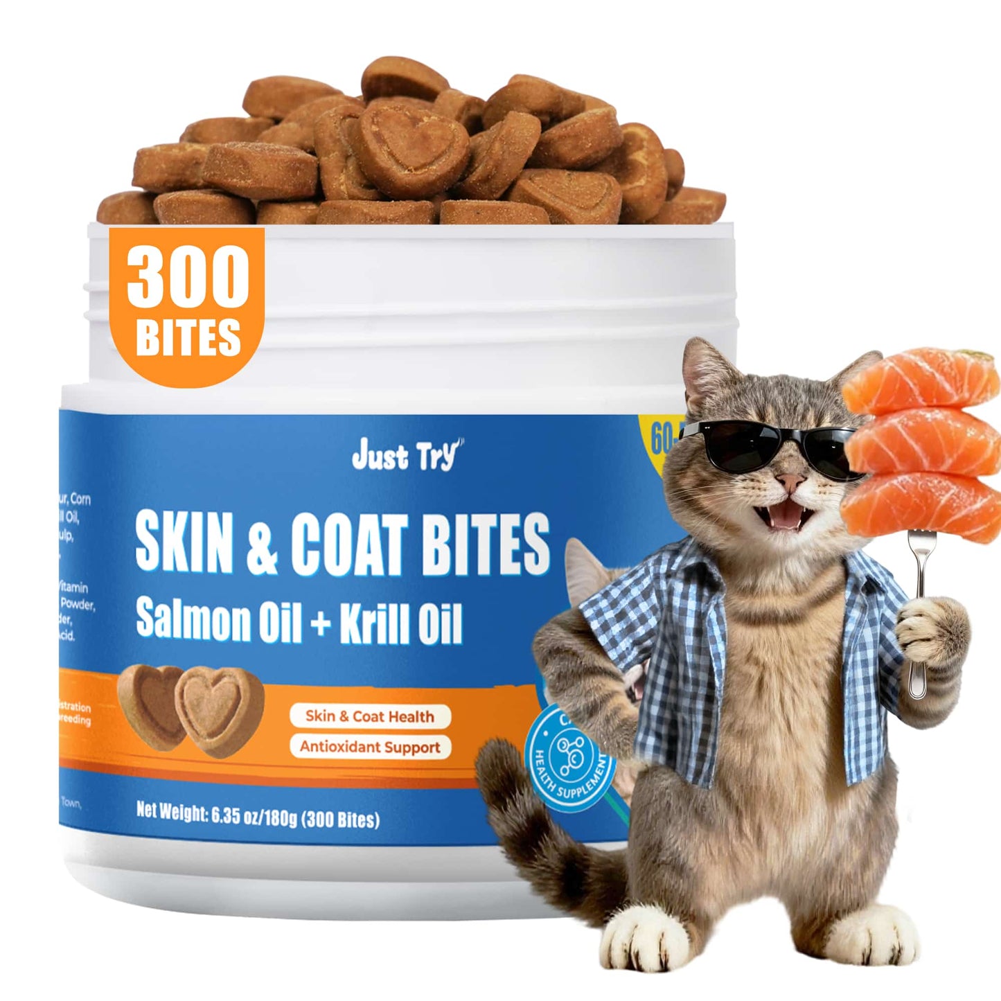 JUSTTRY 300 Bites Cat Skin & Coat Bites – Cat Omega-3 Salmon Oil for Healthy Skin, Itchy Skin Relief & Cat Shedding Control, 6.35oz, 300 Bites