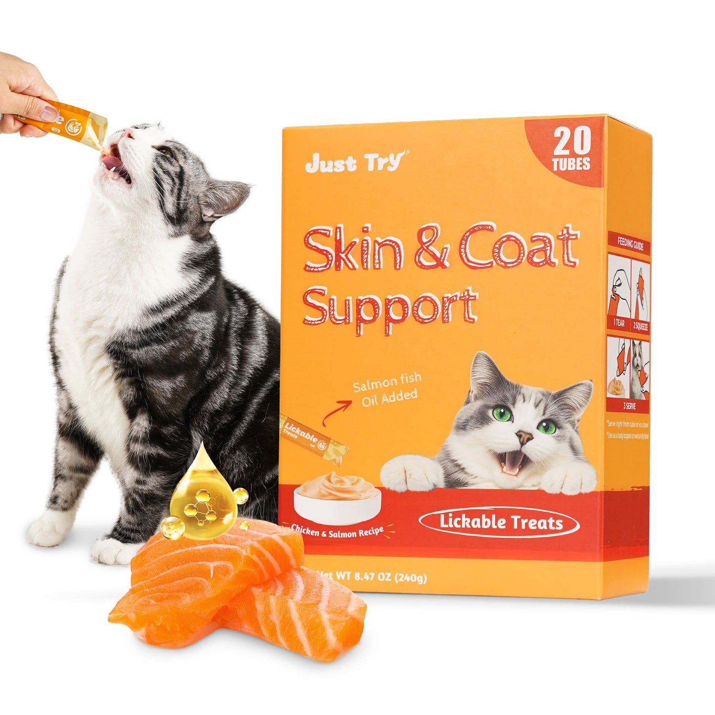 JUSTTRY Fish Oil Lickable Puree Treats – 20 Tubes with Omega Oils, Taurine & Vitamin E for Healthy Skin & Coat, 0.5oz Each