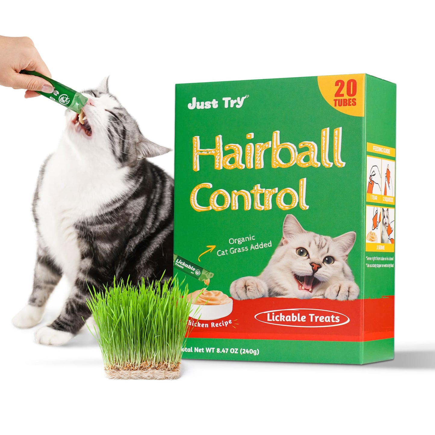 JUSTTRY Cat Grass Lickable Puree Treats – 20 Tubes with Taurine & Vitamin E for Hairball Control, 0.5oz Each