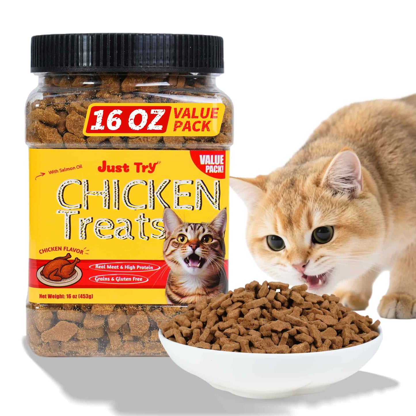 JUSTTRY Chicken Cat Treats –High-Protein Low-Calorie & Grain-Free Crunchy Snacks with Natural Chicken Flavor for Indoor Cats, 16oz