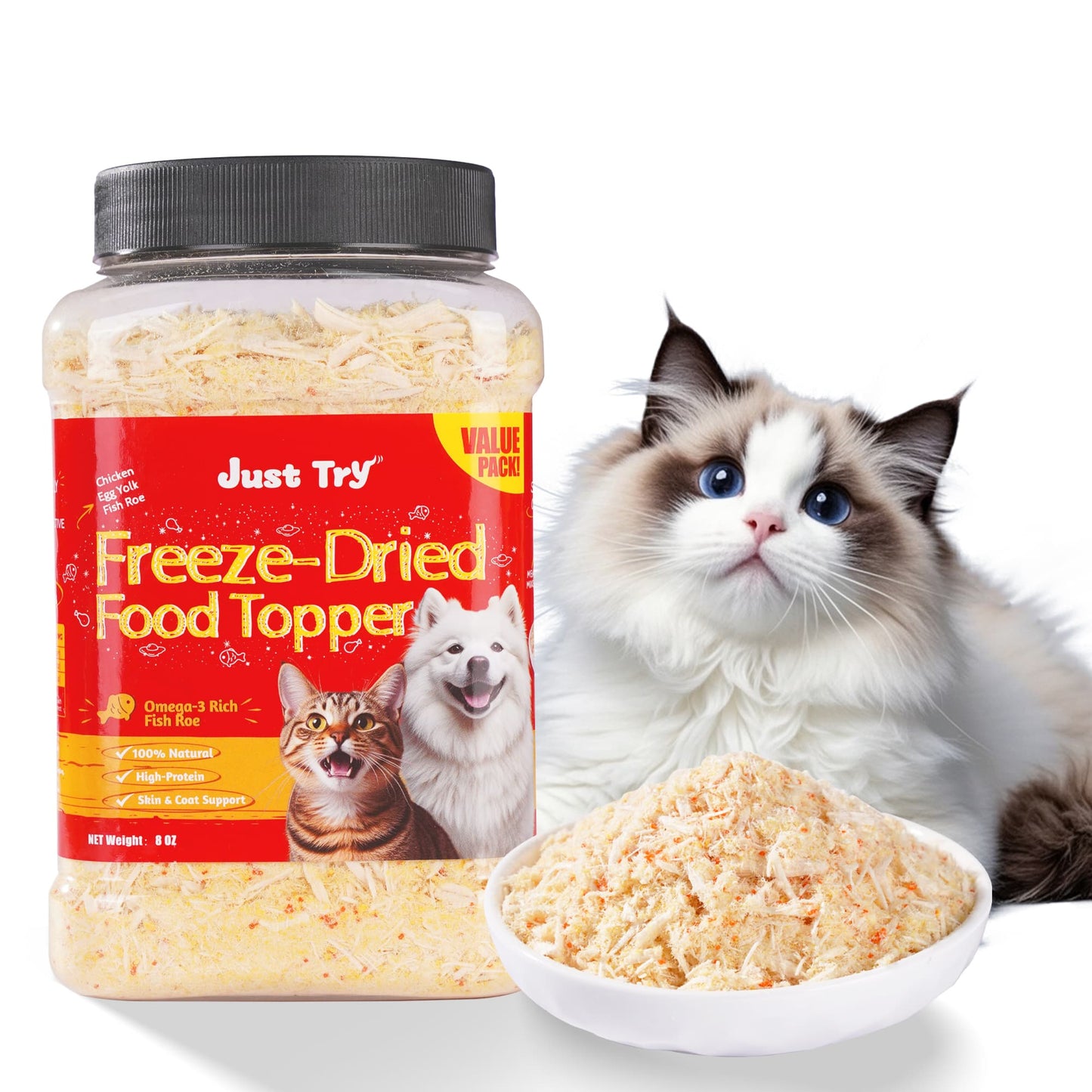 JUSTTRY Fish Roe Freeze-Dried Food Toppers – Chicken & Egg Yolk & Fish Roe, High-Protein for Dogs & Cats, Omega-3 Supports Skin & Coat Health, 8oz