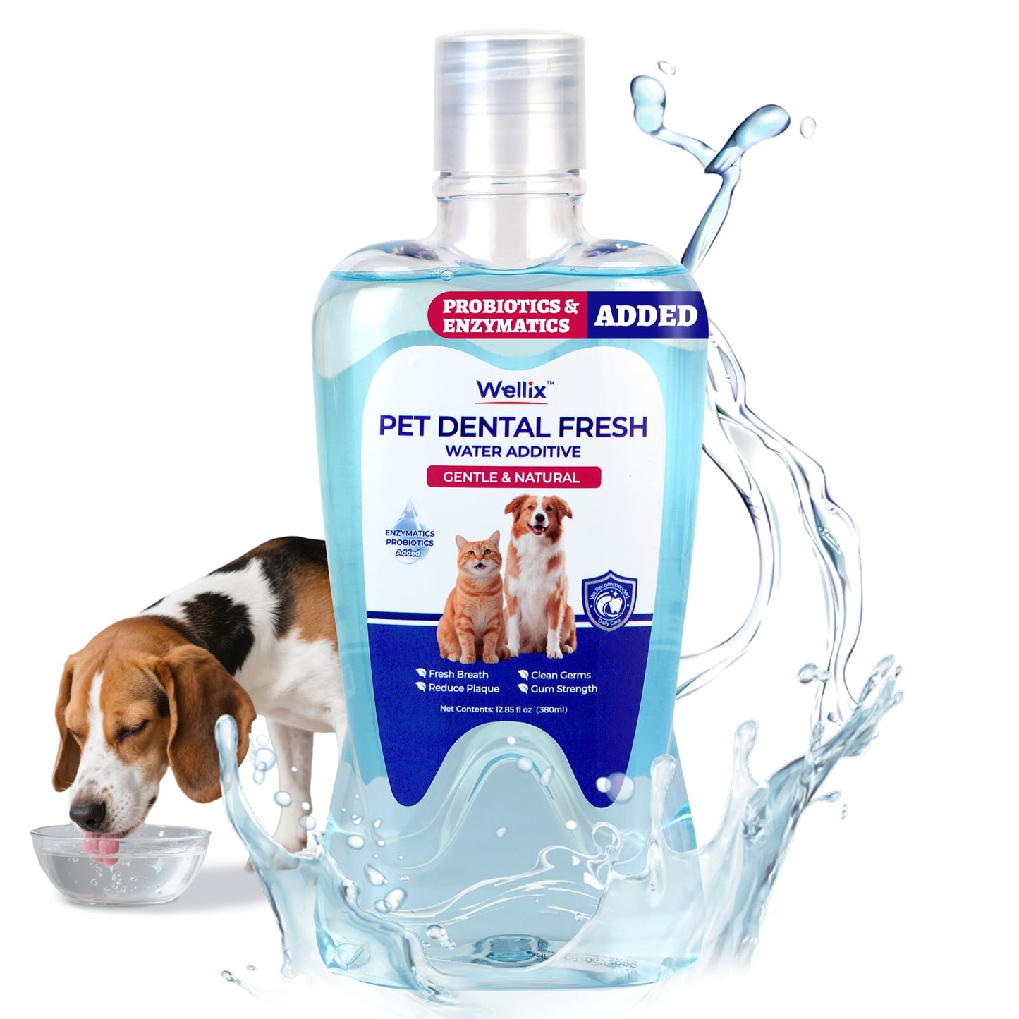 Wellix Cat & Dog Breath Freshener Water Additive - Natural Probiotic & Lysozyme Mouthwash for Teeth Cleaning & Dental Care - Reduces Bad Breath & Plaque - 12.85 fl oz