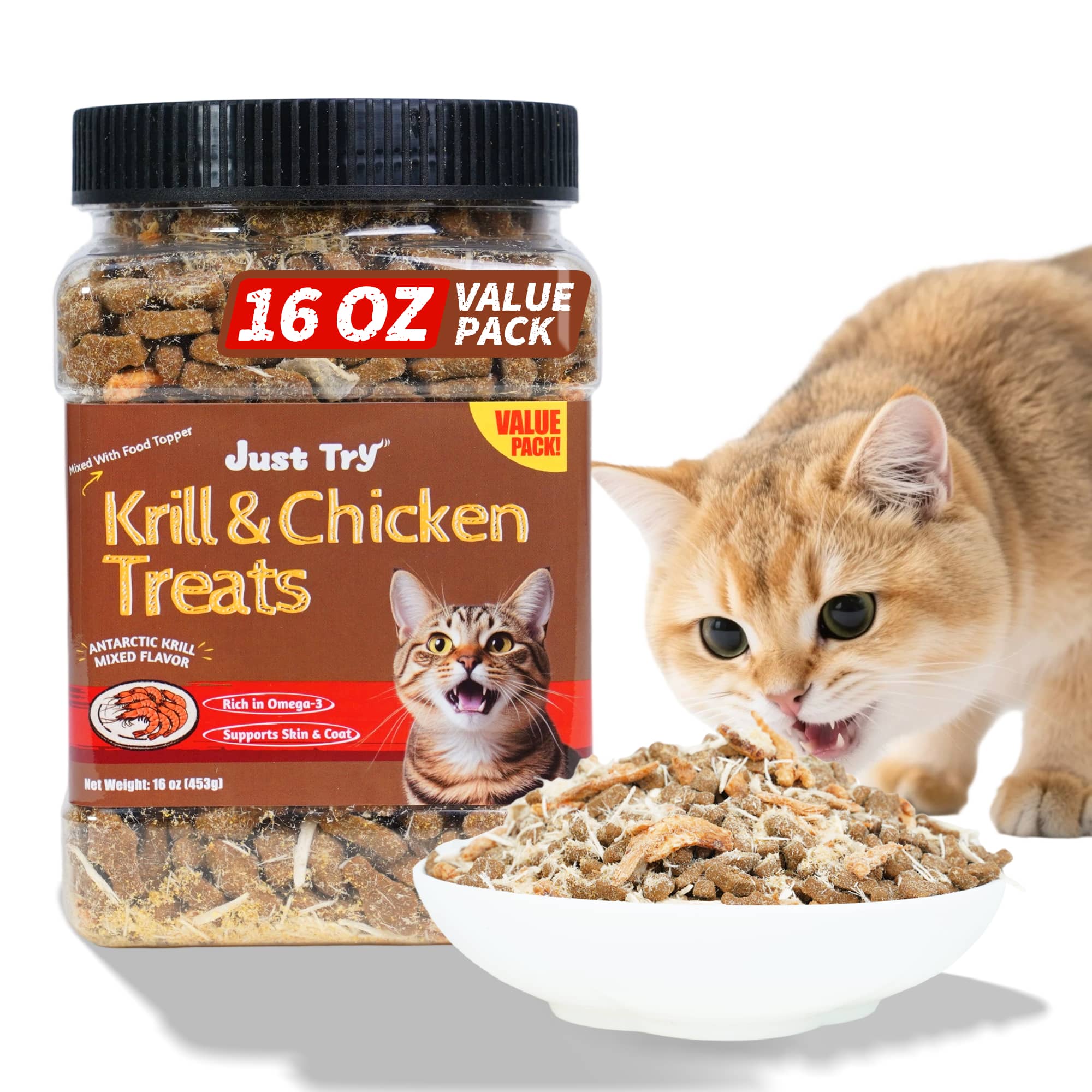 JUSTTRY Freeze-Dried Krill & Chicken Cat Treats – Real Antarctic Krill with Omega-3 for Skin & Coat Health, Dental Care & Training Snacks, High Protein 16oz