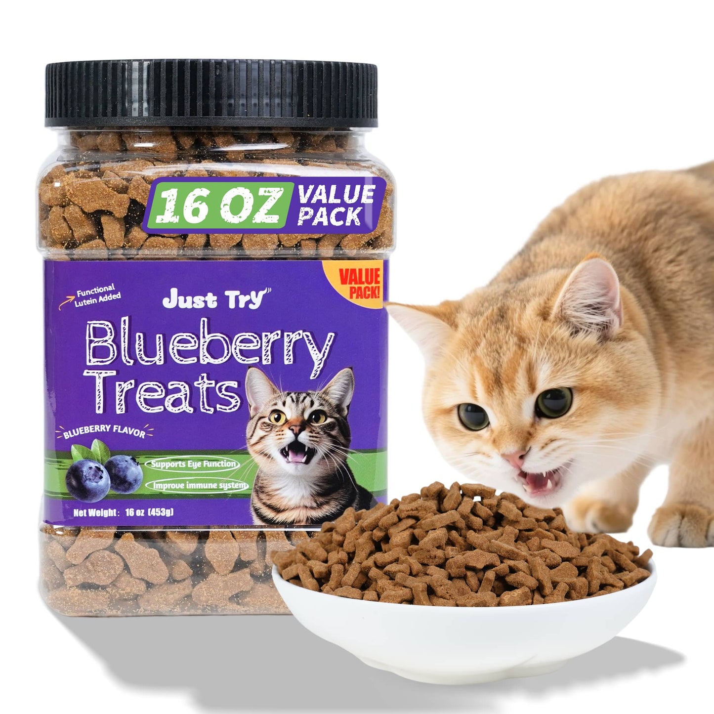 JUSTTRY Blueberry Cat Treats – Gluten-Free Low-Calorie Snacks with Natural Chicken Flavor for Indoor Cats, 16oz
