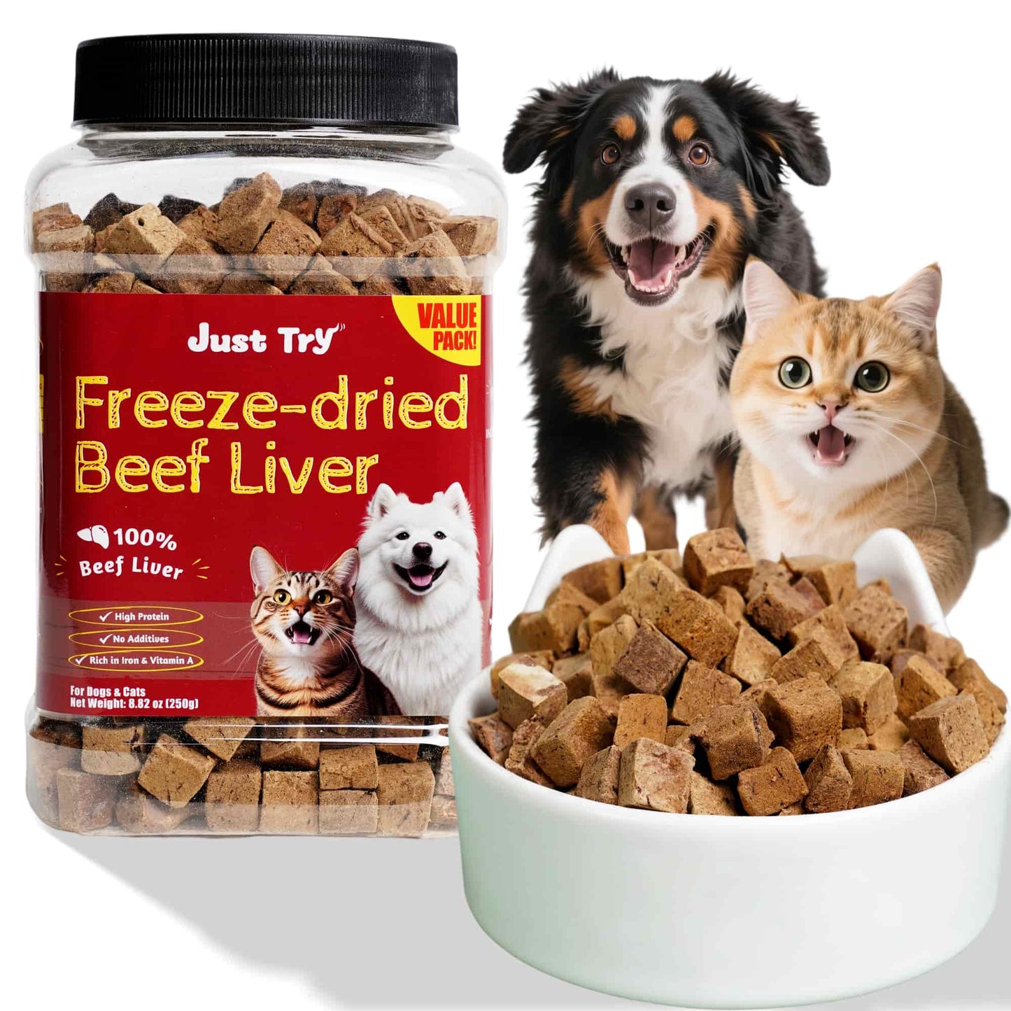 JUSTTRY Freeze-Dried Beef Liver – Single-Ingredient High-Protein Grain-Free Training Treats for Dogs & Cats, Rich in Iron & Vitamin A for Immune & Skin Health,,8.82oz