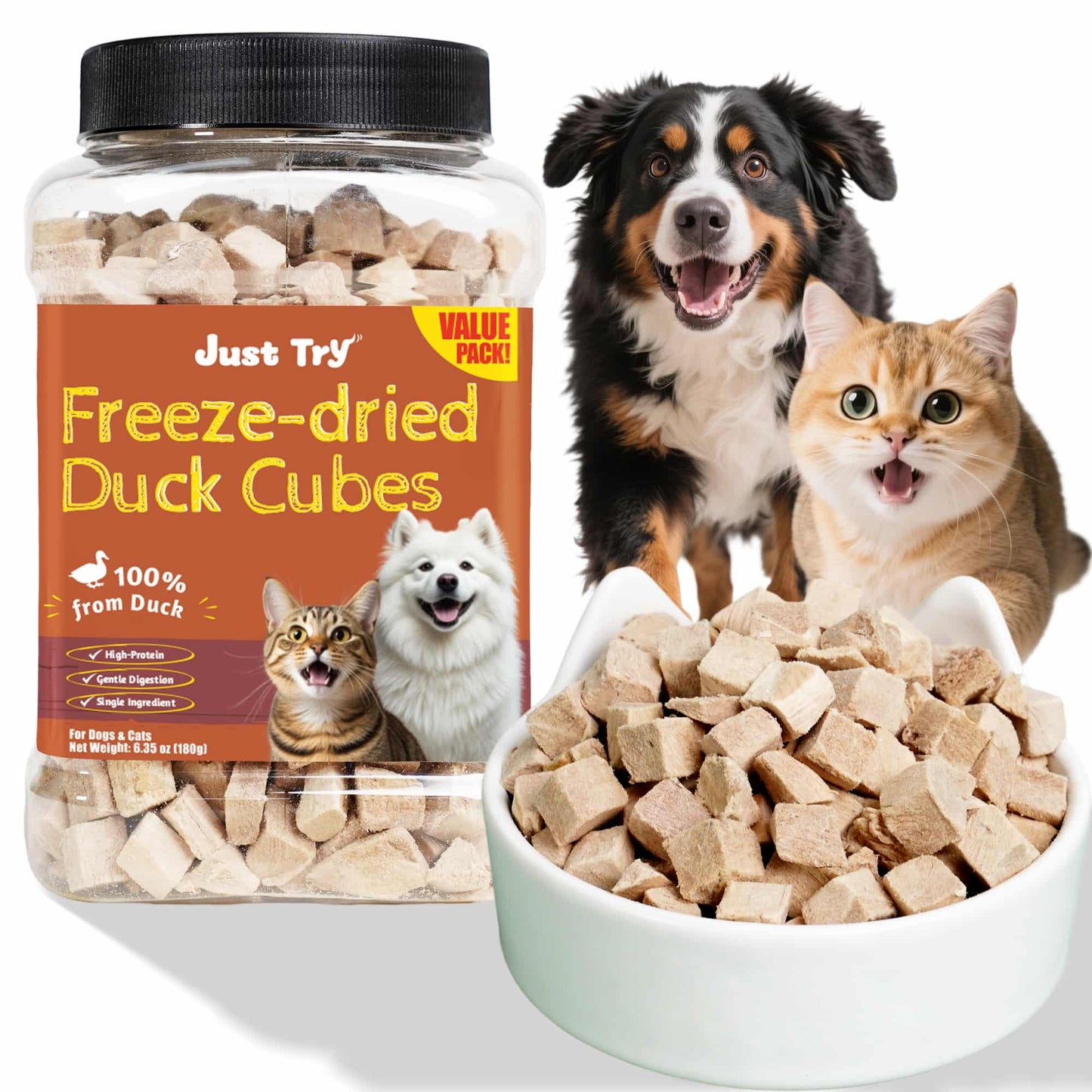 JUSTTRY Freeze-Dried Duck Cubes – Single-Ingredient Grain-Free High-Protein Training Treats for Dogs & Cats, Supports Skin & Joint Health,6.35oz