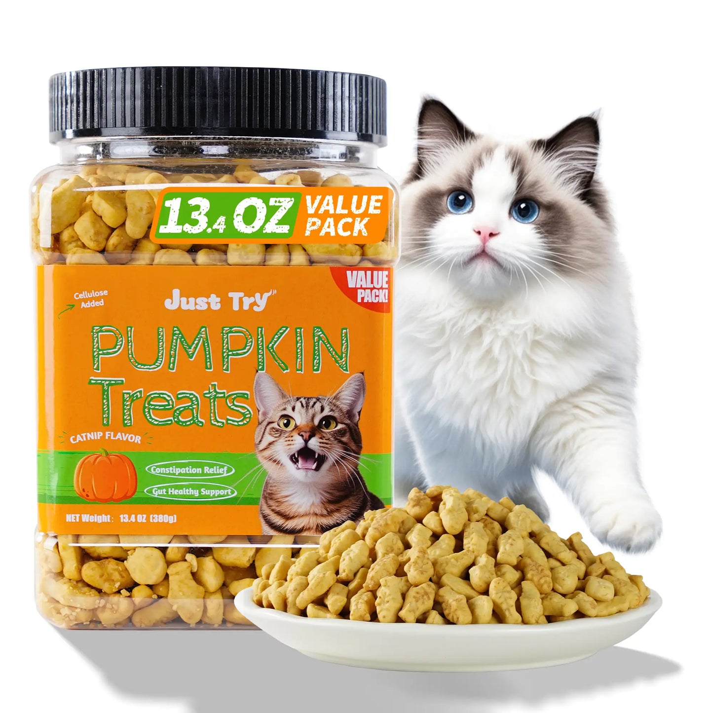 JUSTTRY Pumpkin Cat Treats –Rich in Fibre and Low-Calorie Digestive Snacks for constipation relief, 13.4oz