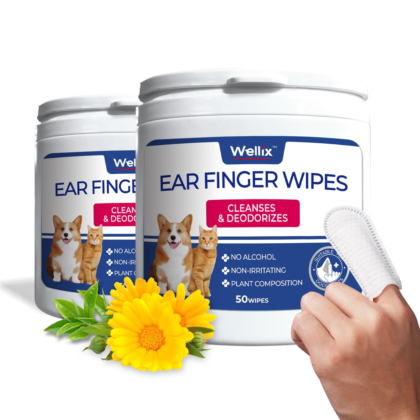 Wellix Pet Ear Cleaner Wipes - Natural Chamomile & Honeysuckle Ear Cleaning Wipes for Dogs and Cats - Itch Relief & Infection Care - 100 Count 2 Pack