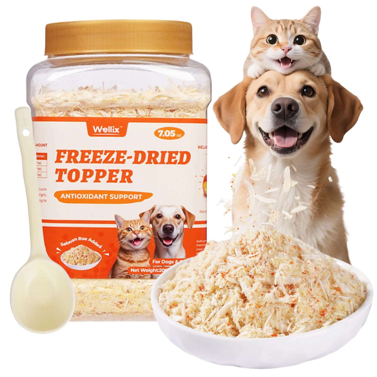 Wellix Salmon Roe Topper for Cats & Dogs – 7.05 oz Freeze Dried Salmon Roe, Egg Yolk & Chicken Formula, Rich in Omega-3, for Antioxidant Defense & Skin & Coat Vitality