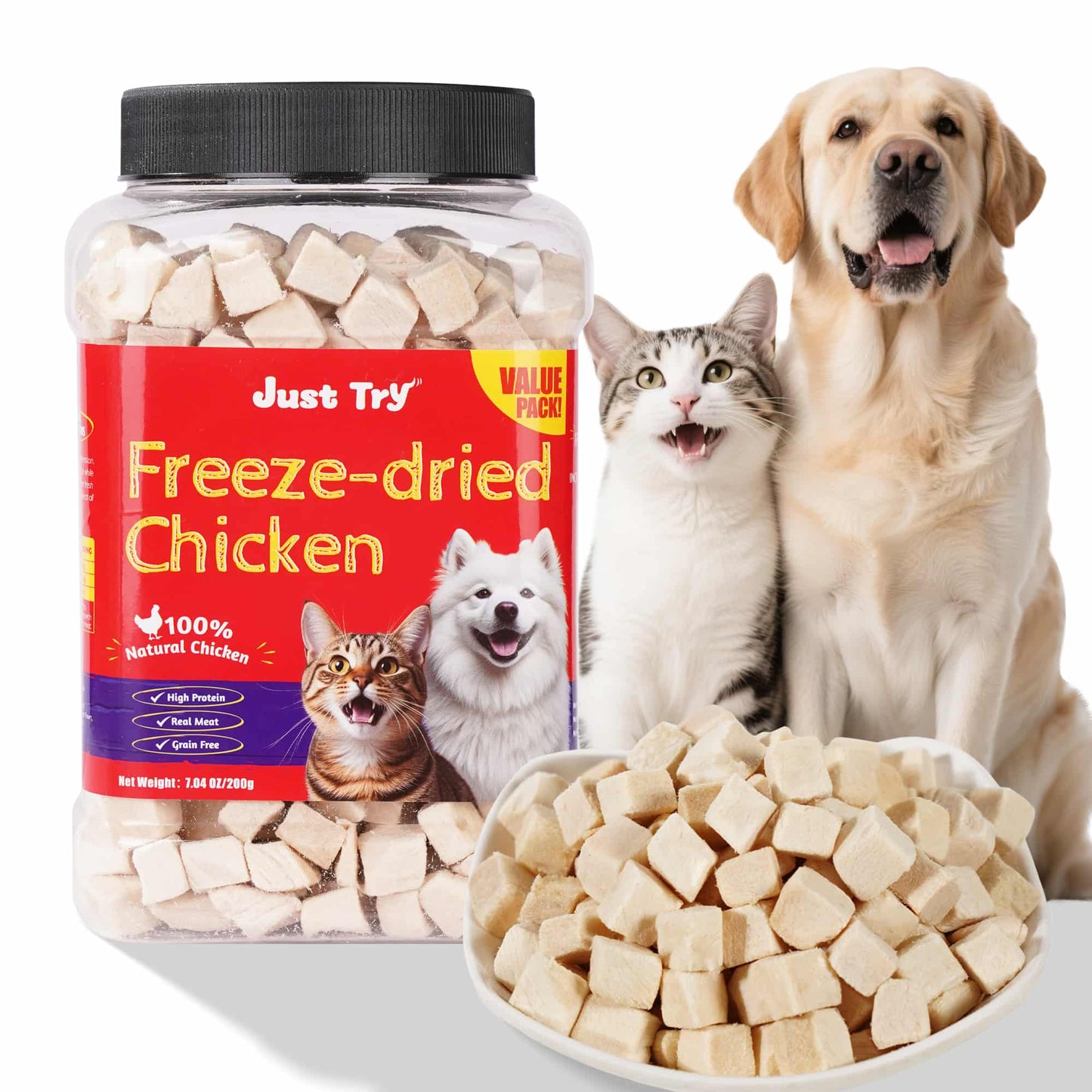 JUSTTRY Freeze-Dried Chicken Treats – High-Protein, Grain-Free Dog & Cat Treats for Training & Raw Food, 7.05oz