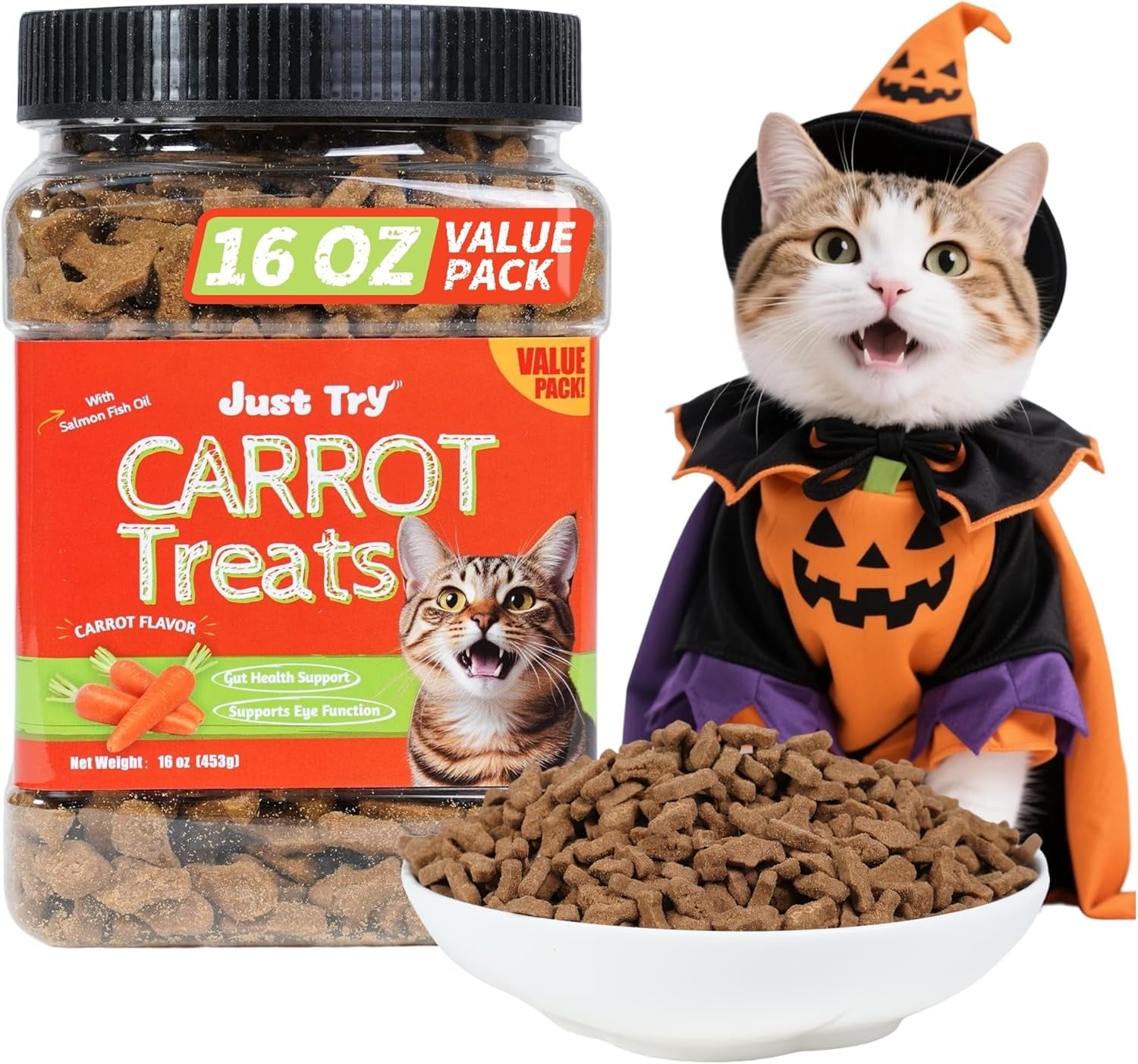 JUSTTRY Carrot Cat Treats – Vitamin-Rich Crunchy Biscuits with Natural Chicken Flavor for Eye & Skin Health | Healthy Training Treats for Indoor Cats, 16oz