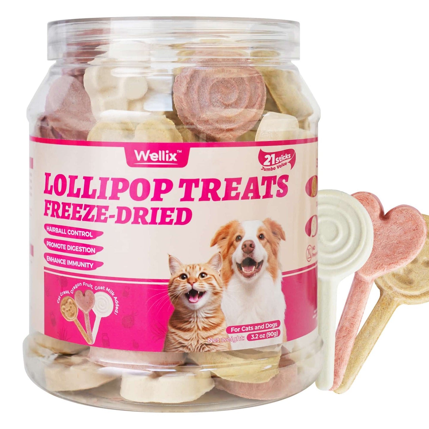 Wellix Freeze Dried Lollipop Dog & Cat Treats - High Protein Chicken Cat Treats with Cat Grass, Dragon Fruit & Goat Milk - Low Calorie Training Snacks 21pcs