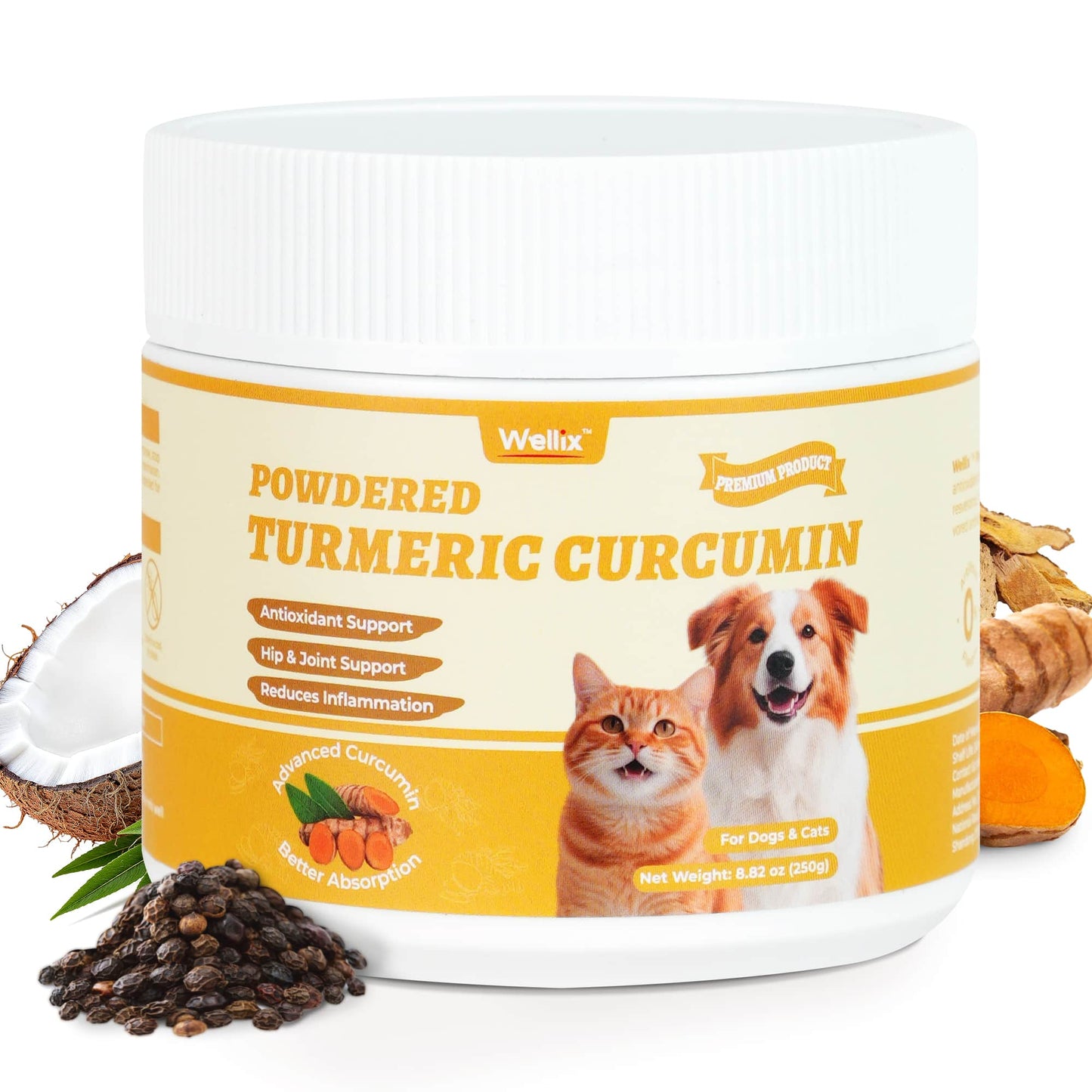 Wellix Turmeric Powder for Dogs & Cats - Easy Absorb Natural Turmeric Hip & Joint Supplement for Pain Relief & Anti-Inflammatory - 250g