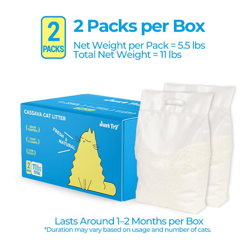 JUSTTRY SnowPaww Cassava Cat Litter – 11lbs (2 x 5.5lbs) with Tight Clumps, Low Dust & Odor Control