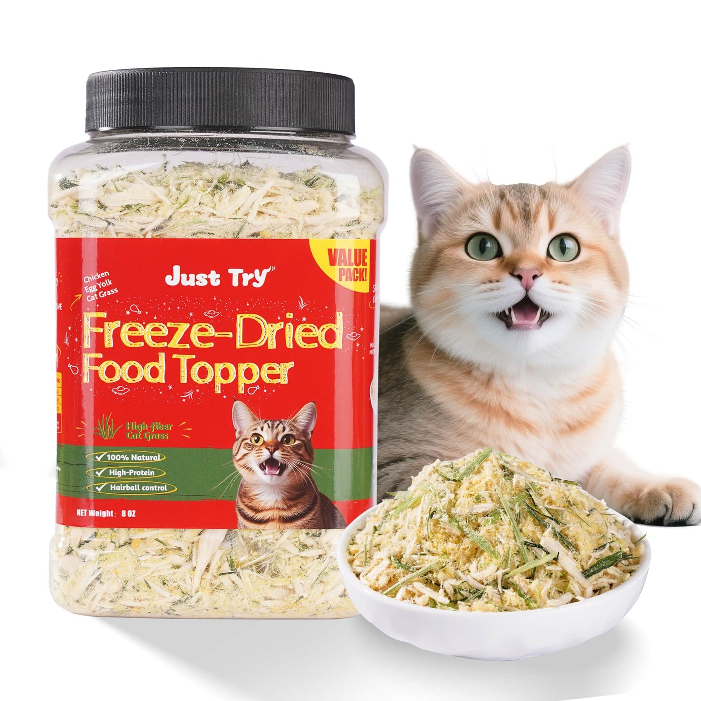 JUSTTRY Cat Grass Freeze-Dried Cat Food Toppers – Chicken, Egg Yolk & Cat Grass, Hairball Control & Dental Care, High Protein & Low Fat Cat Treats , 8oz