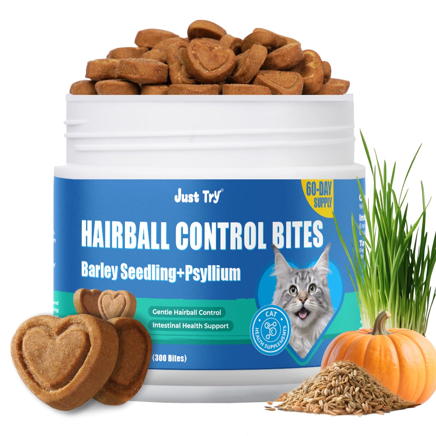 JUSTTRY Hairballs Control Bites  – Cat Grass & Chicken & Pumpkin Flavor with Omega-3 for Hairball Relief & Digestion, 300 Bites