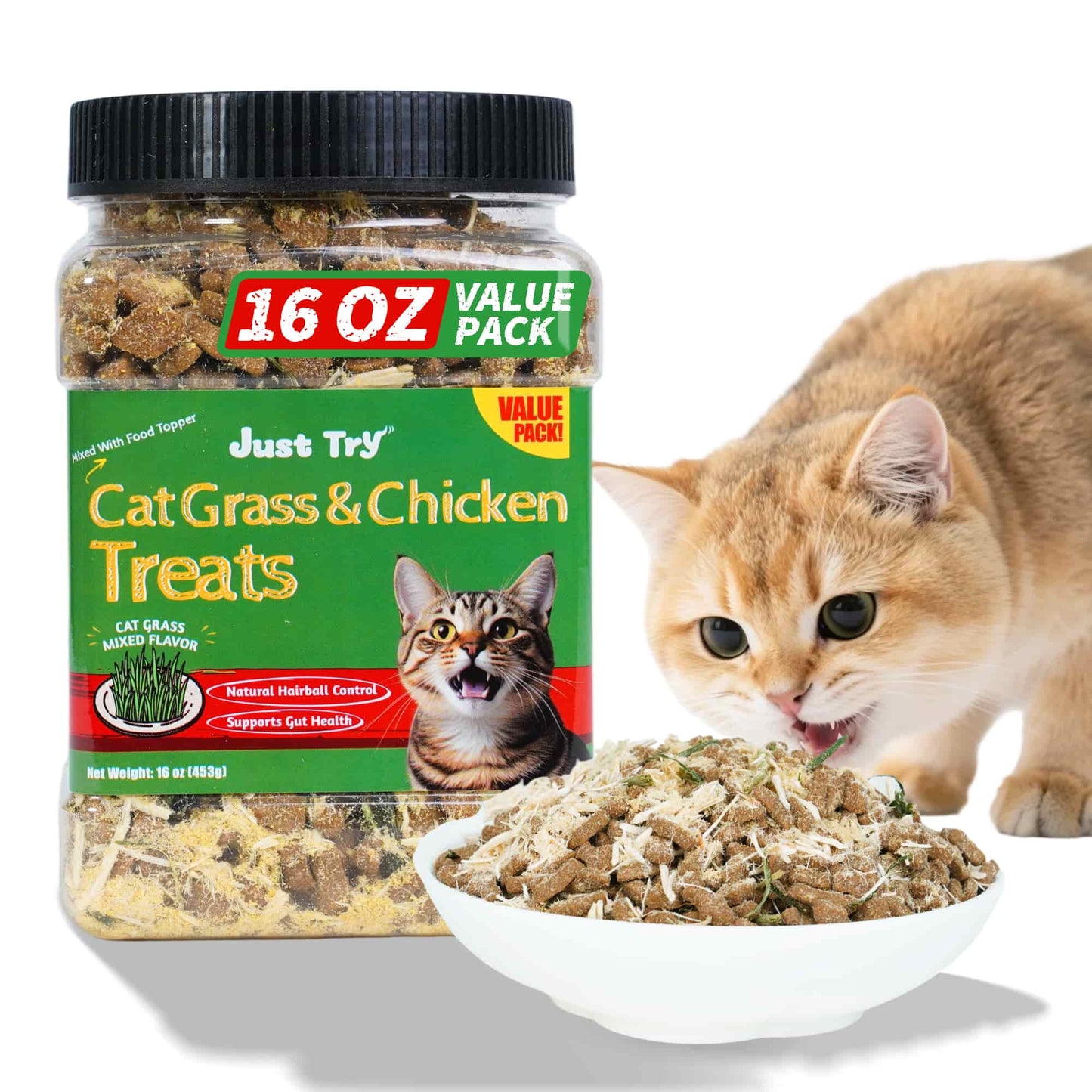JUSTTRY Cat Grass & Chicken Cat Treats - Hairball Control Dental Care High Protein Cat Treats for Indoor Cats, Training Snacks, 16oz