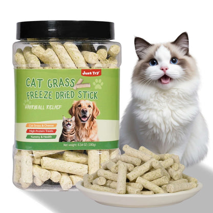 JUSTTRY Freeze-Dried Cat Grass Teething Sticks with Chicken – Natural Training Treats & Food Topper for Hairball Control, Teeth Cleaning & Dental Health, 6.34oz