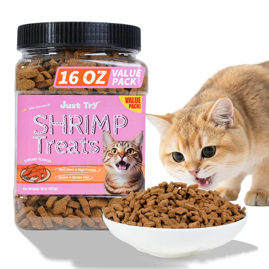 JUSTTRY Shrimp Cat Treats – Crunchy Snacks with Real Shrimp & Krill Oil, Omega-3 for Skin & Coat Training Snacks, 16oz