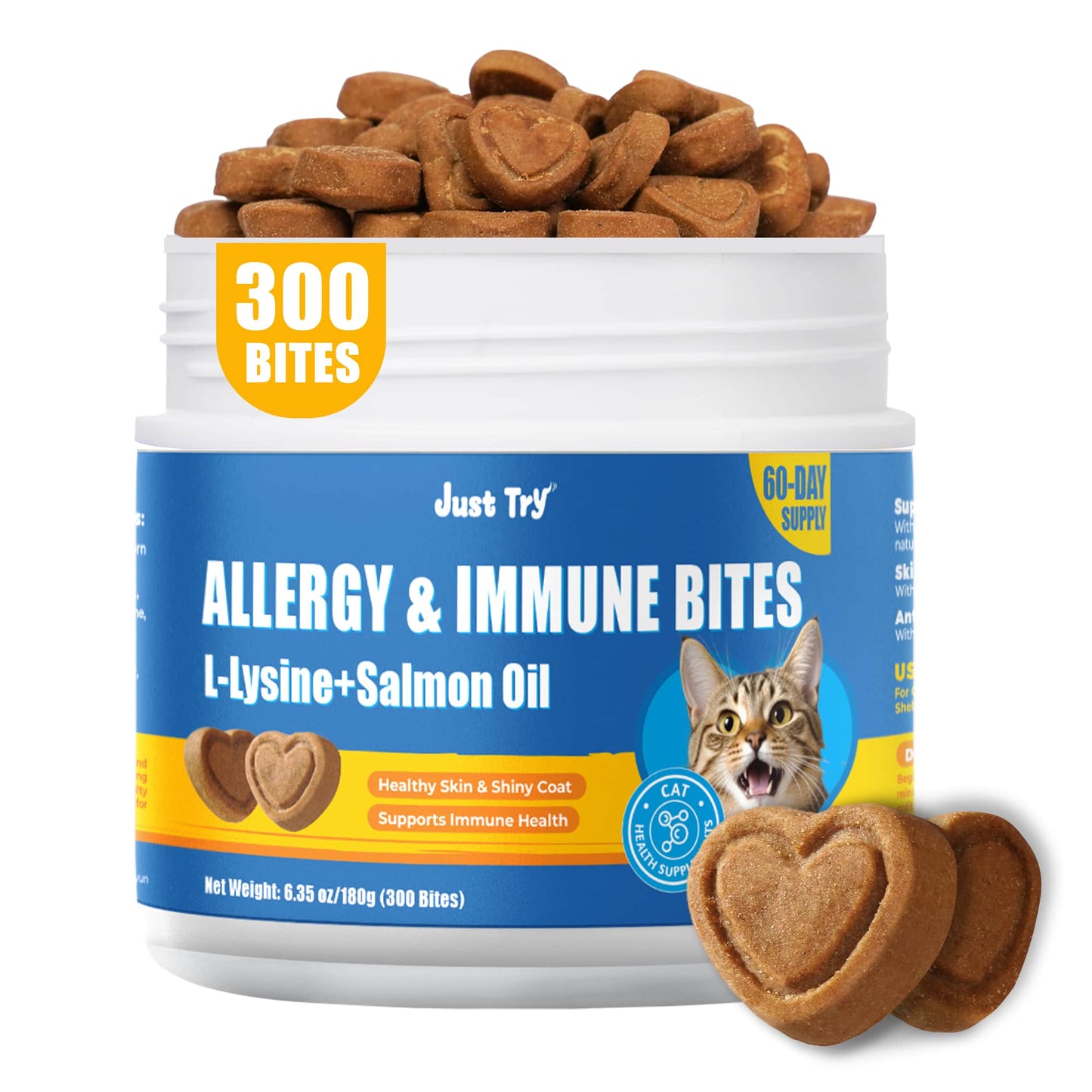 JUSTTRY Cat Allergy & Immune Bites Cat Supplements – Chicken Flavor with L-Lysine For Cats for Itchy Skin Relief & Immune Support, 6.35oz, 300 Bites