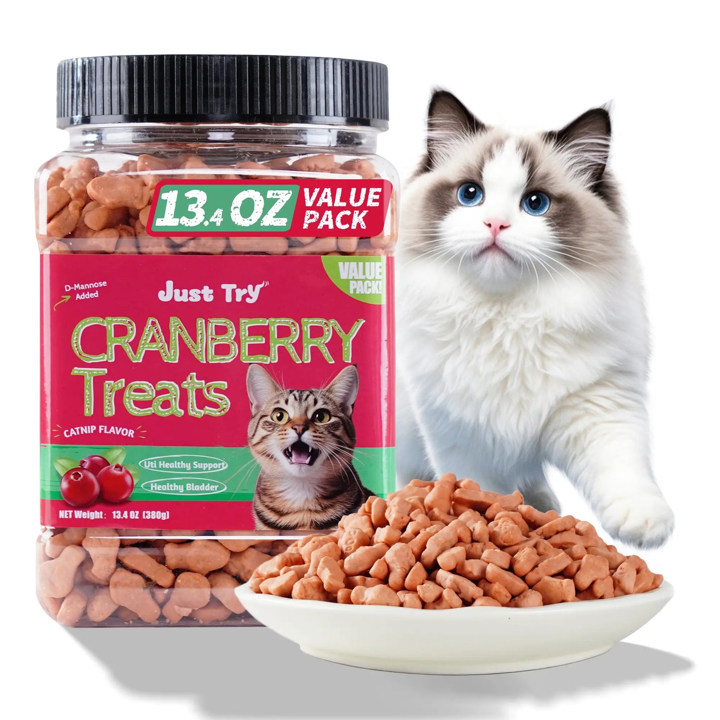 JUSTTRY Cranberry Cat Treats –Cranberry & D-Mannose for Urinary Tract Health & Kidney Support，13.4oz