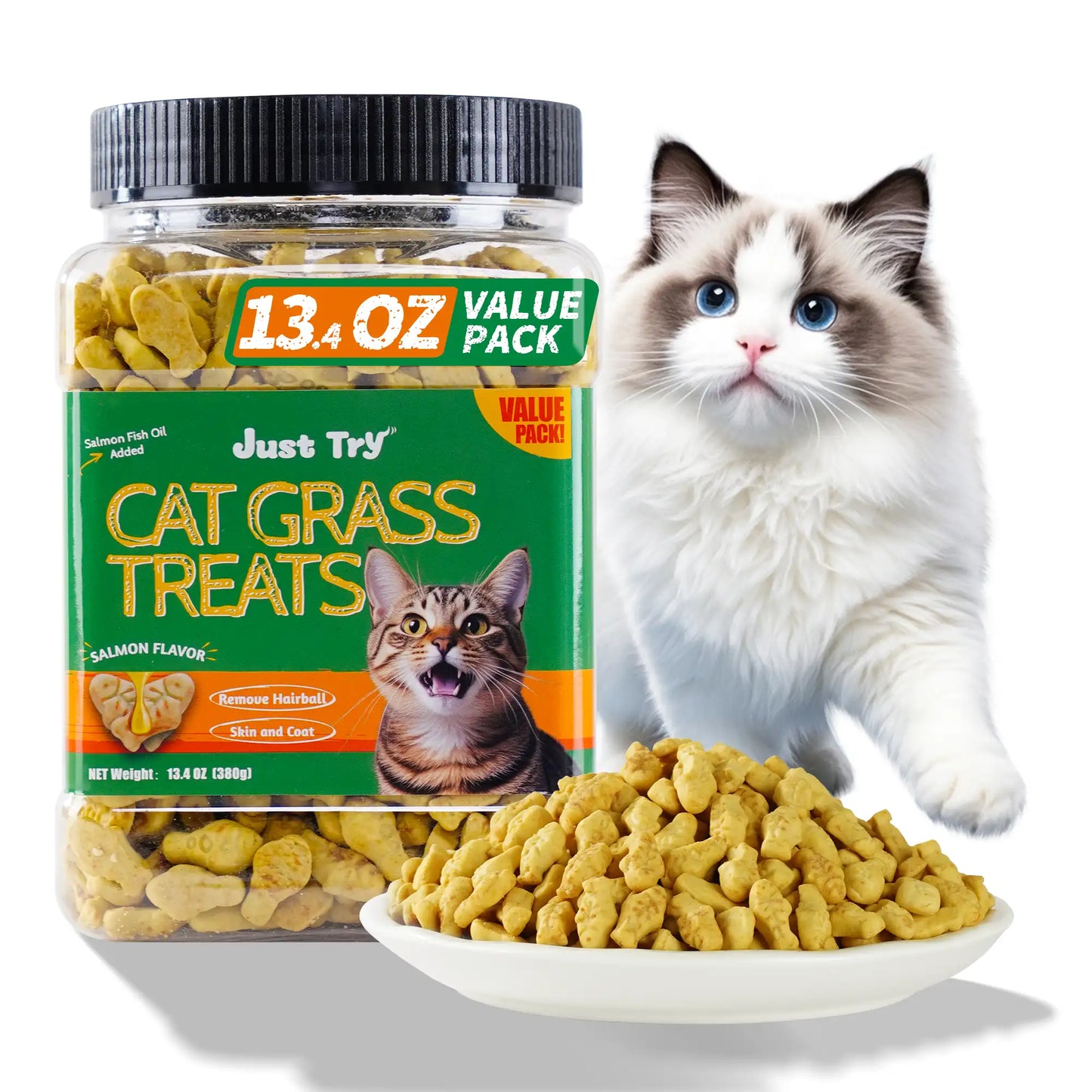 JUSTTRY Salmon Oil Cat Treats – Natural Flavor with Salmon Oil & Cat Grass, Omega-3 for Kittens & Adult Cats, 13.4oz
