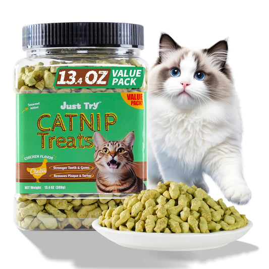 JUSTTRY Catnip Cat Treats – Chicken-Flavored Training Biscuits for Dental Health & Hairball Control, 13.4oz