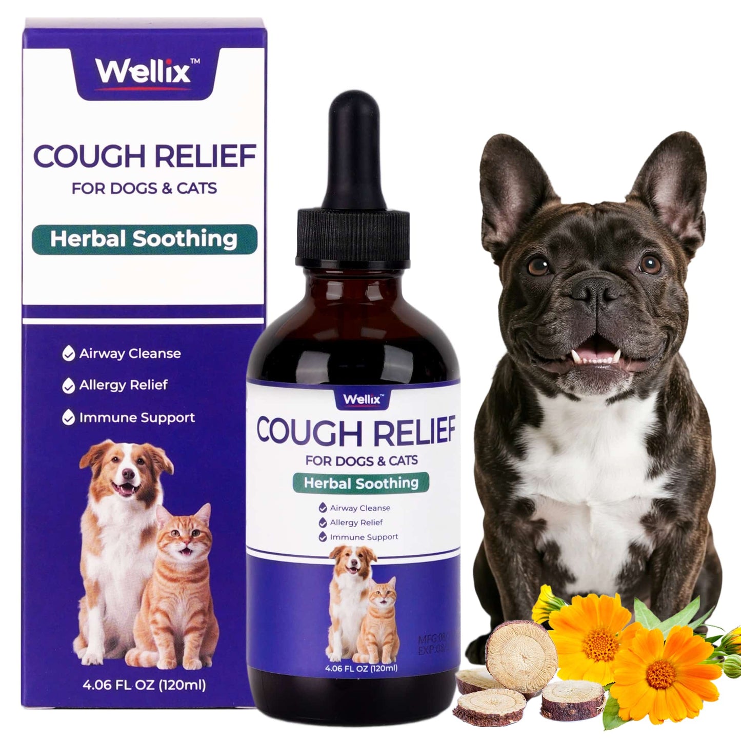 Wellix Kennel Cough Treatment Drops for Dogs & Cats - All Herbal Formula for Dog Cough, Sneezing & Cat Cold Relief - Bacon Flavor 120ml