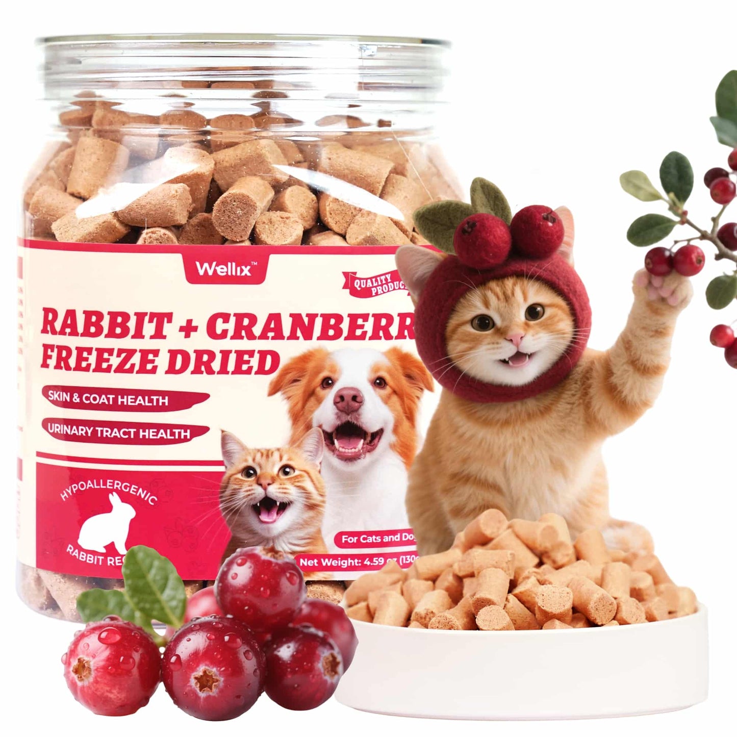 Wellix Rabbit & Cranberry Freeze-Dried Treats for Cats & Dogs – Hypoallergenic, Grain-Free Treats for Cat Bladder, Kidney & UTI Support