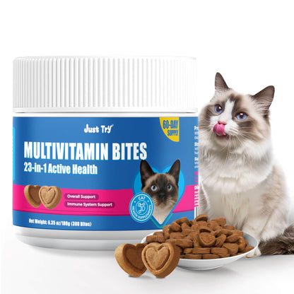 JUSTTRY Cat Multivitamin Bites  – 300 Bites ,Taurine, Lysine & Omega-3 Fish Oil Daily Supplements for Immune, Skin, Coat & Heart Health, 6.35oz
