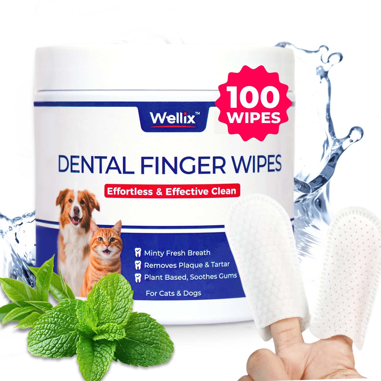 Wellix Pet Teeth Cleaning Wipes for Dogs and Cats - Natural Dental Care Finger Wipes to Reduce Plaque, Tartar & Bad Breath - No-Rinse Disposable 100 Count