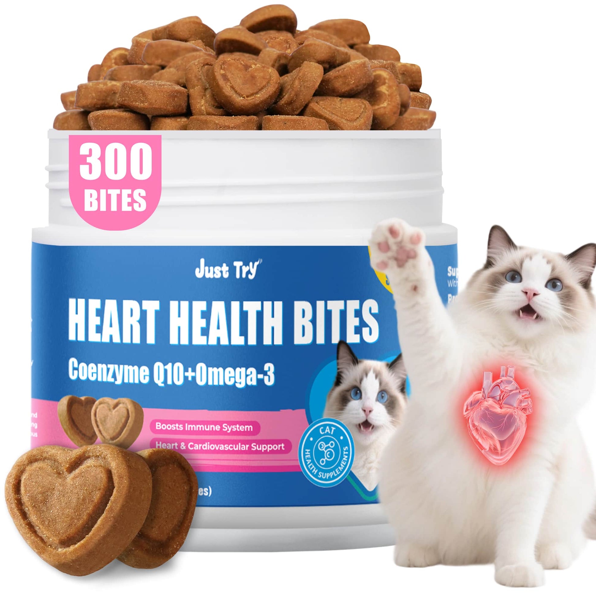 JUSTTRY CoQ10 Heart Health Bites – Chicken-Flavored  with CoQ10 & Taurine for Feline Heart Health, Cat Supplements  300 Count