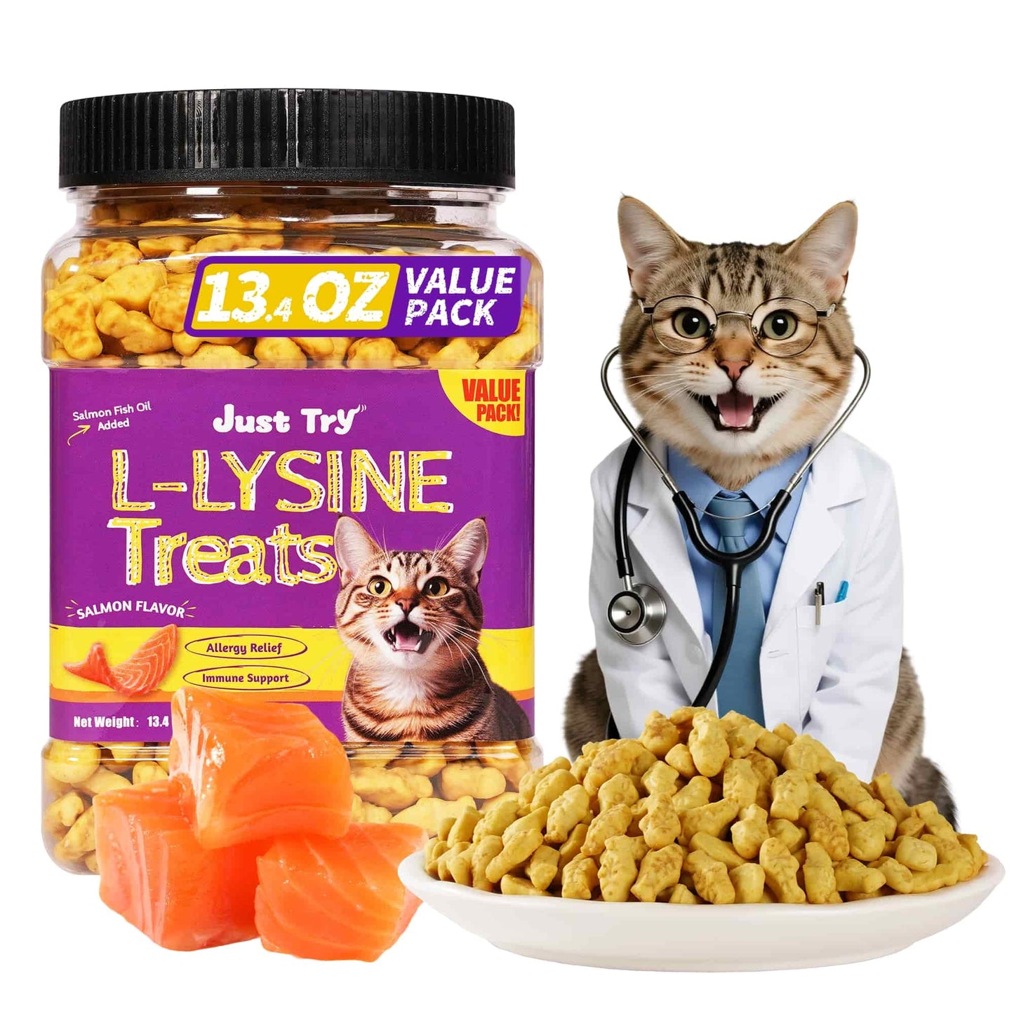 JUSTTRY Lysine Cat Treats – Natural Salmon Crunchy Training Biscuits for Immune Support, Cats & Kittens, 13.4oz