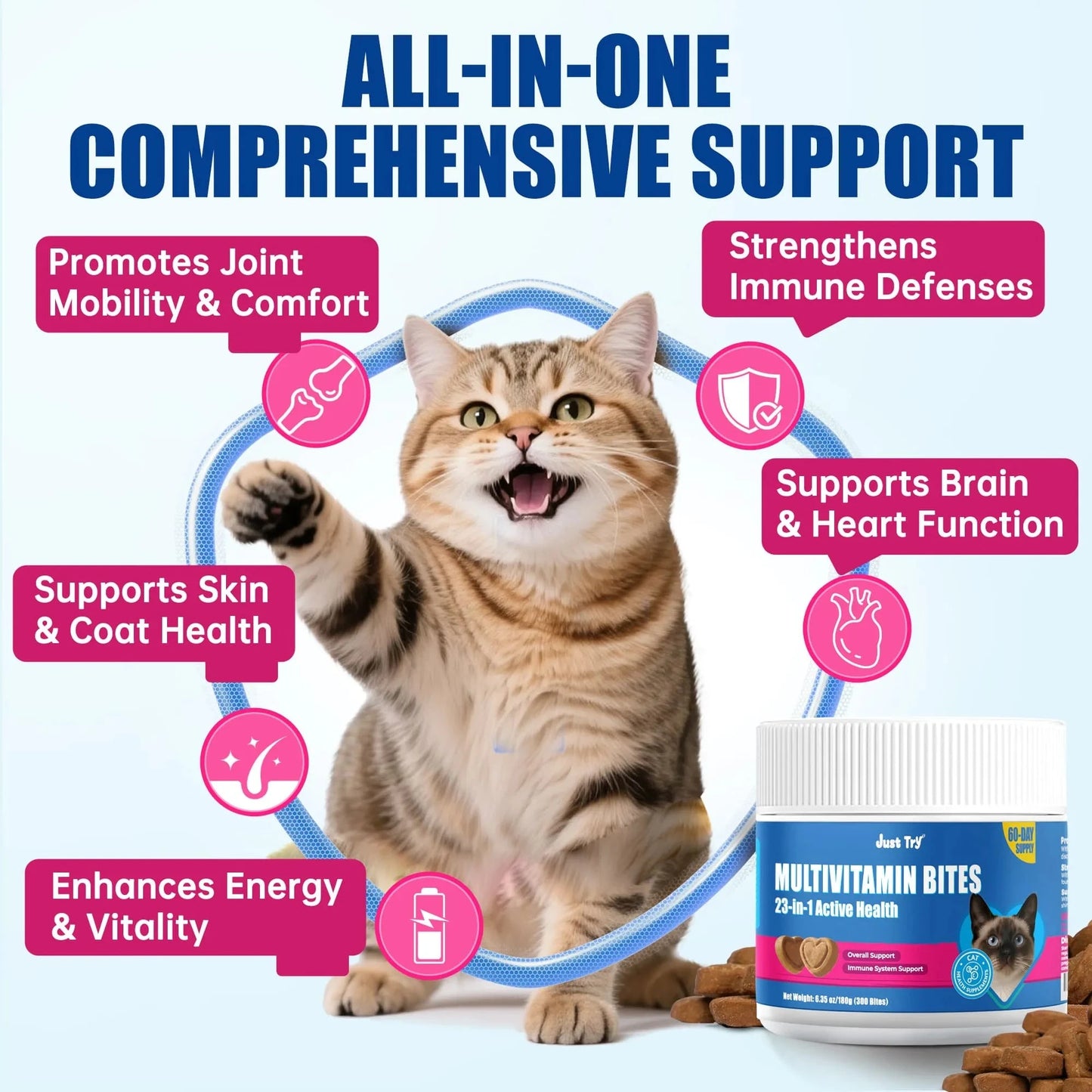 JUSTTRY Cat Multivitamin Bites  – 300 Bites ,Taurine, Lysine & Omega-3 Fish Oil Daily Supplements for Immune, Skin, Coat & Heart Health, 6.35oz