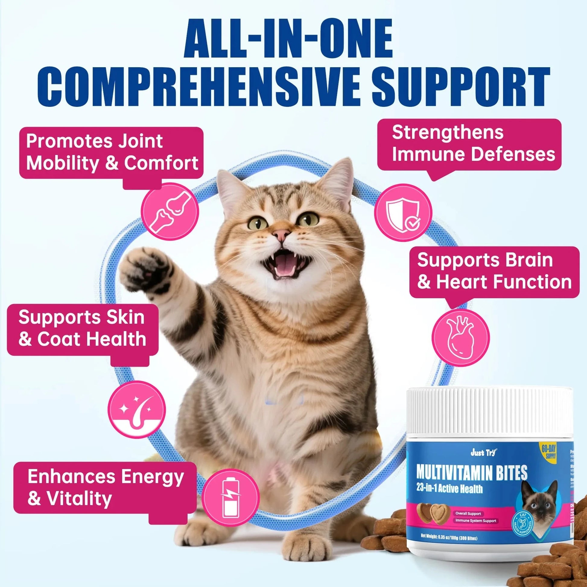 JUSTTRY Cat Multivitamin Bites  – 300 Bites ,Taurine, Lysine & Omega-3 Fish Oil Daily Supplements for Immune, Skin, Coat & Heart Health, 6.35oz