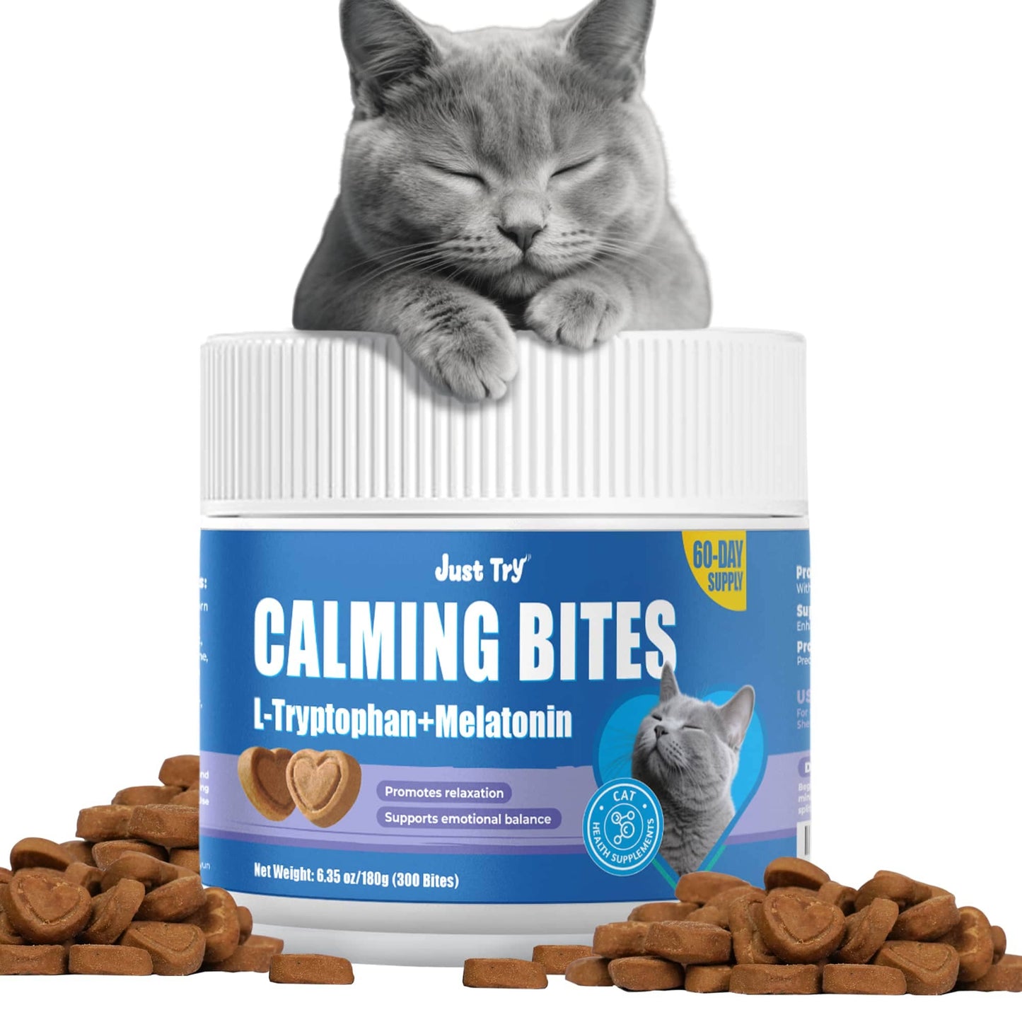 JUSTTRY Cat Calming Treats Cat Supplements – Chicken Flavor with Chamomile, L-Tryptophan & Melatonin for Anxiety & Sleep, 300 Bites, 6.35oz