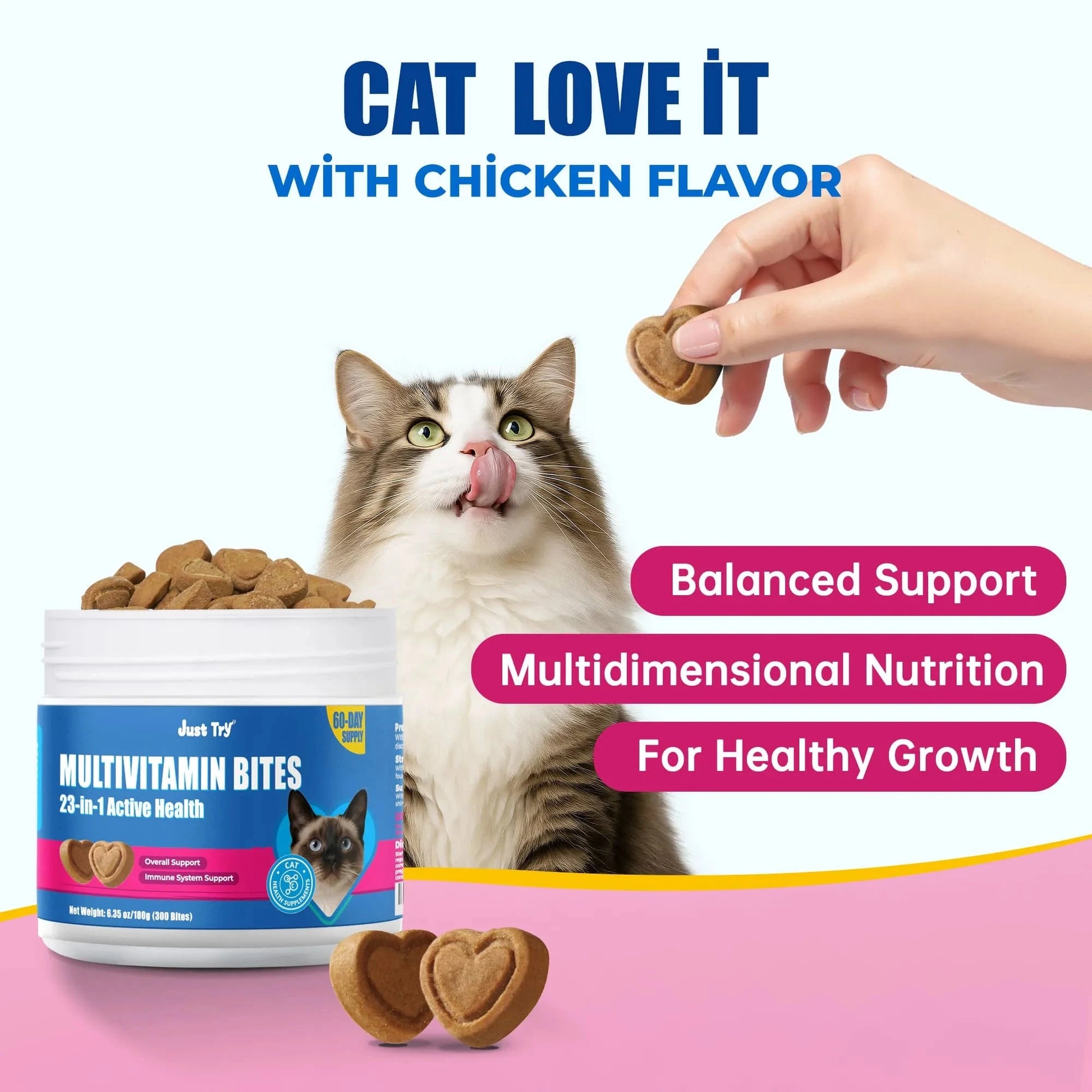 JUSTTRY Cat Multivitamin Bites  – 300 Bites ,Taurine, Lysine & Omega-3 Fish Oil Daily Supplements for Immune, Skin, Coat & Heart Health, 6.35oz