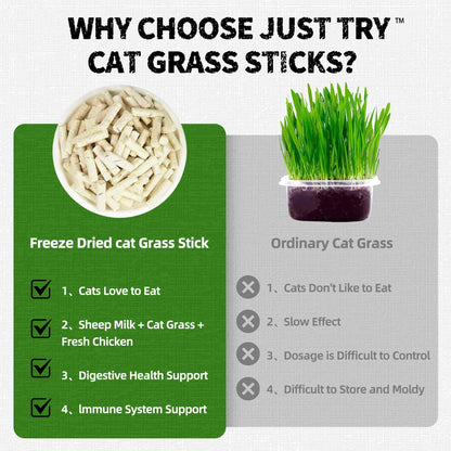 JUSTTRY Freeze-Dried Cat Grass Teething Sticks with Chicken – Natural Training Treats & Food Topper for Hairball Control, Teeth Cleaning & Dental Health, 6.34oz