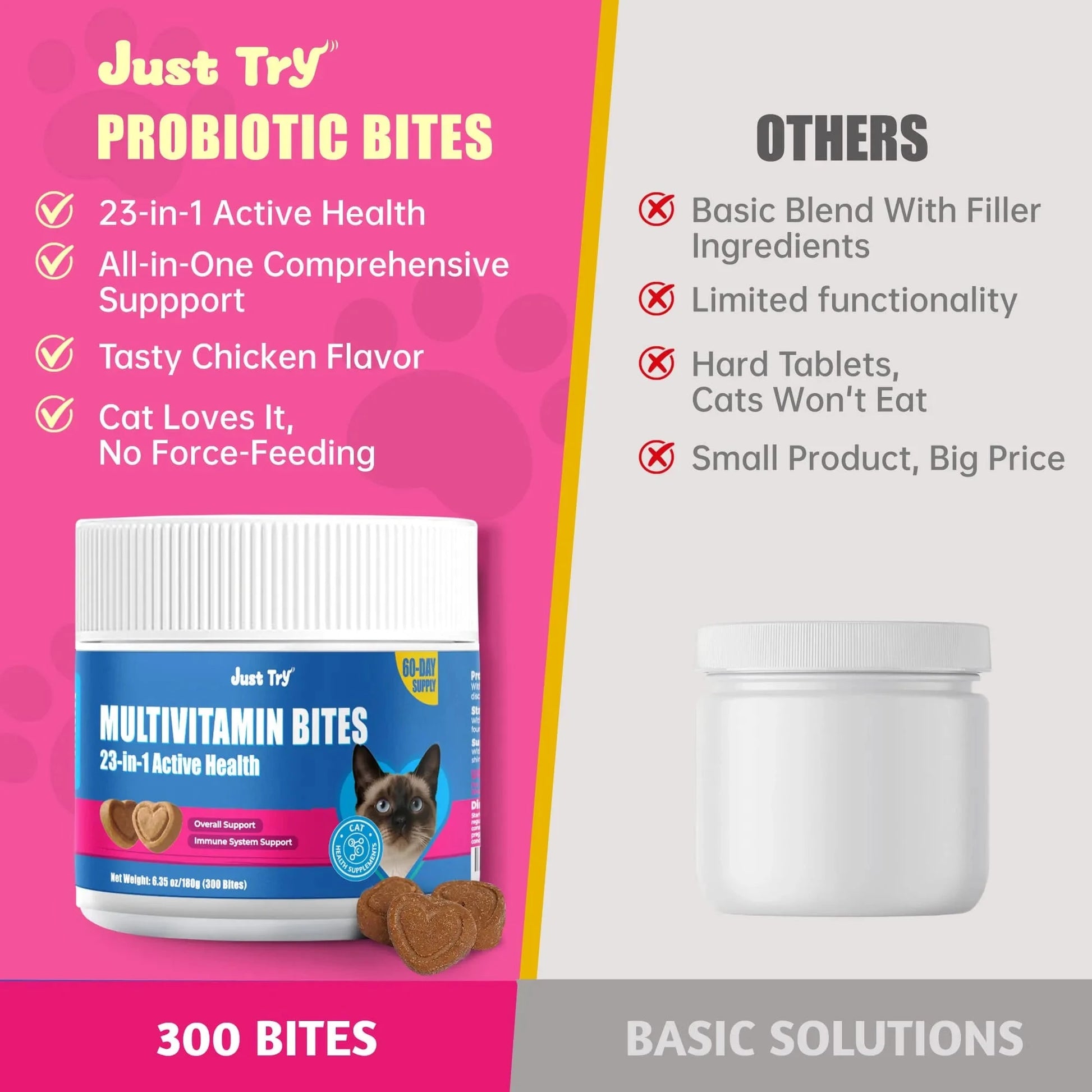 JUSTTRY Cat Multivitamin Bites  – 300 Bites ,Taurine, Lysine & Omega-3 Fish Oil Daily Supplements for Immune, Skin, Coat & Heart Health, 6.35oz