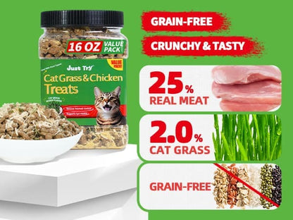 JUSTTRY Cat Grass & Chicken Cat Treats - Hairball Control Dental Care High Protein Cat Treats for Indoor Cats, Training Snacks, 16oz