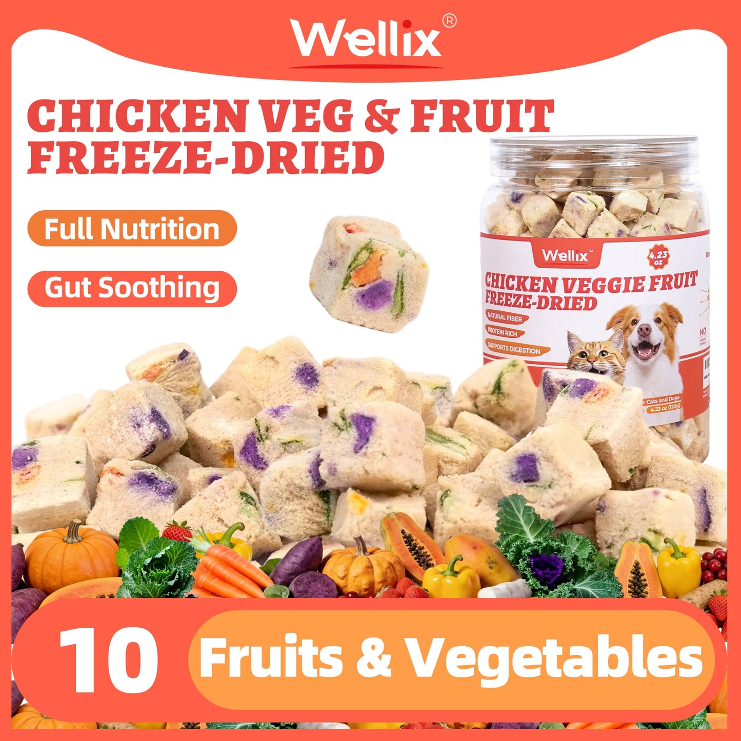 Wellix Freeze Dried Chicken&Vegetables Treats for Cats&Dogs Freeze Dried Cat Treats Rich in Pumpkin Food Topper for Gut Health 4.23oz