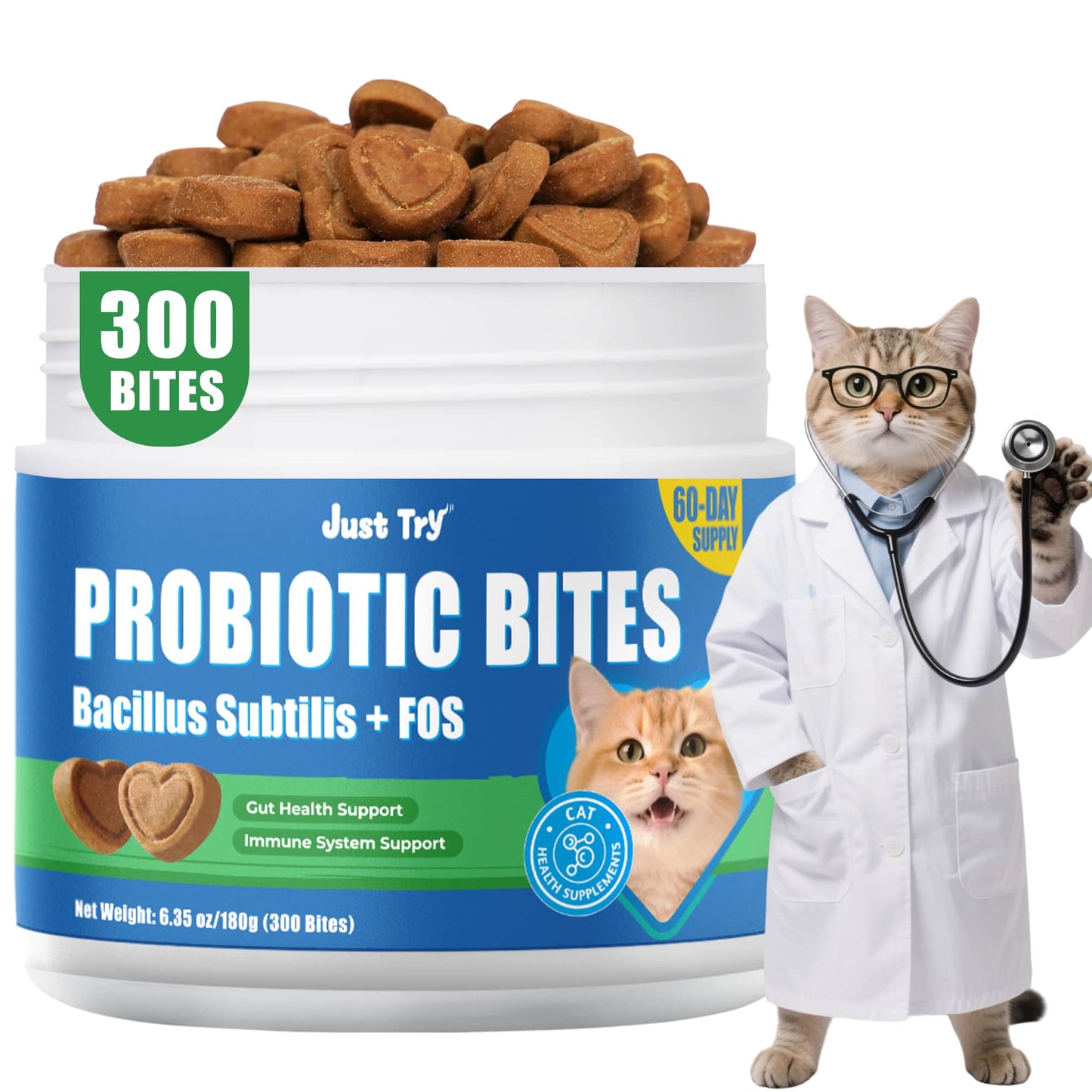 JUSTTRY Cat Probiotic Bites – For Cat Digestive Support & Cat Constipation Relief Chicken Flavored Cat Supplements, 6.35oz, 300 Bites